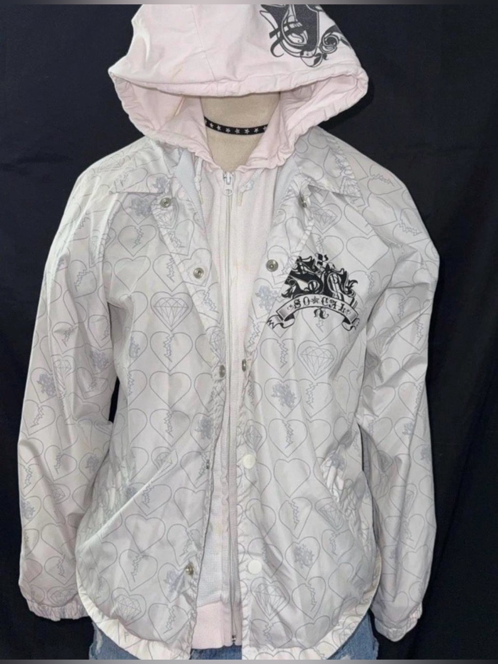 Women's y2k socal White Hooded Bomber Jacket with Graphic Crest